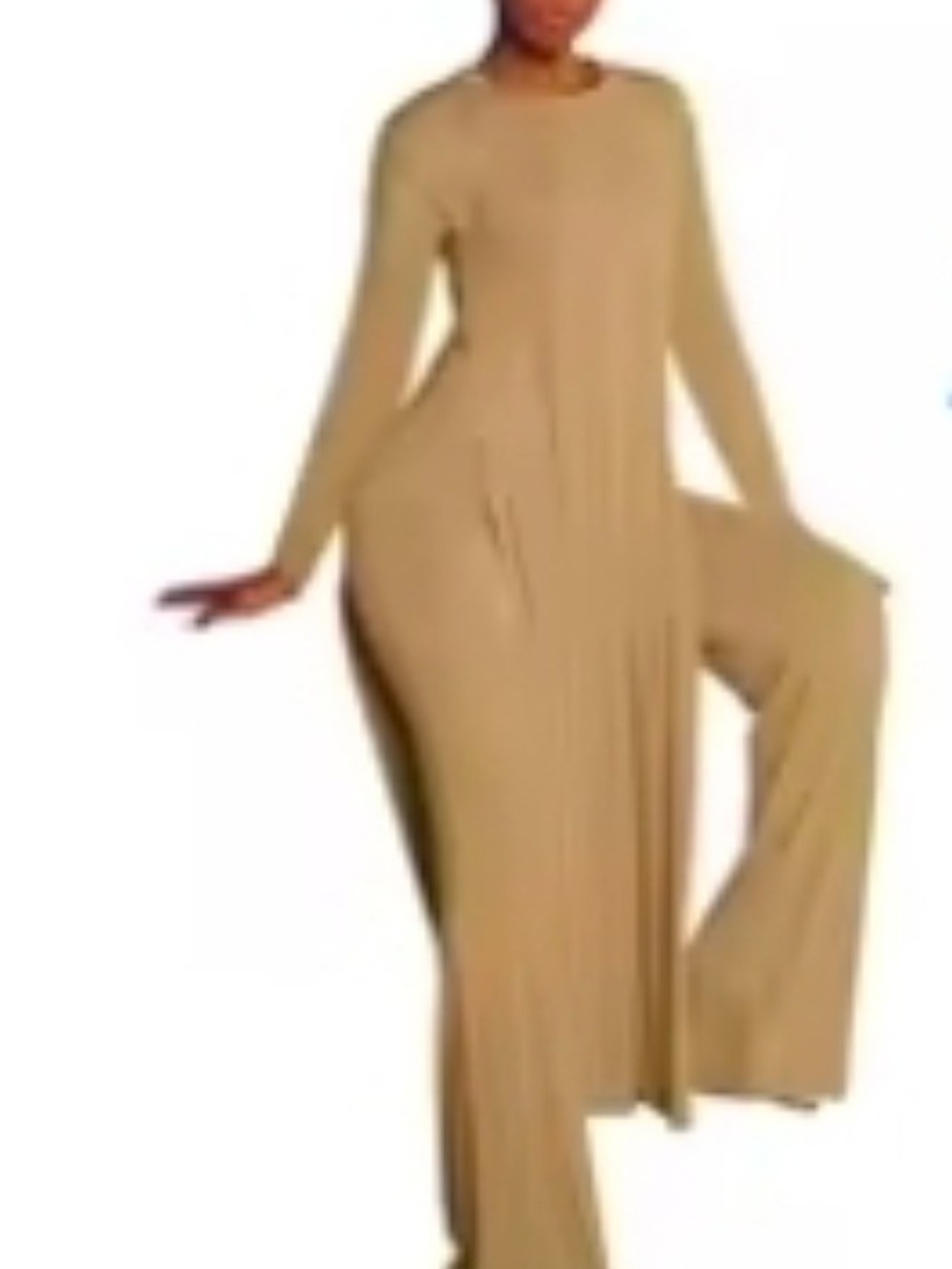 Source Unknown Tan Long-Sleeve Wide-Leg Jumpsuit